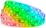 Nahaufnahme eines flexiblen LED-Lichtstreifens mit leuchtenden RGB-Farben in Rot, Grün und Blau, aufgerollt in einer spiralförmigen Anordnung.