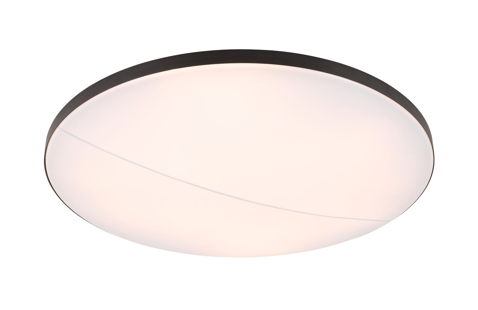 Runde LED-Deckenleuchte mit schwarzem Rand, seitliche Perspektive