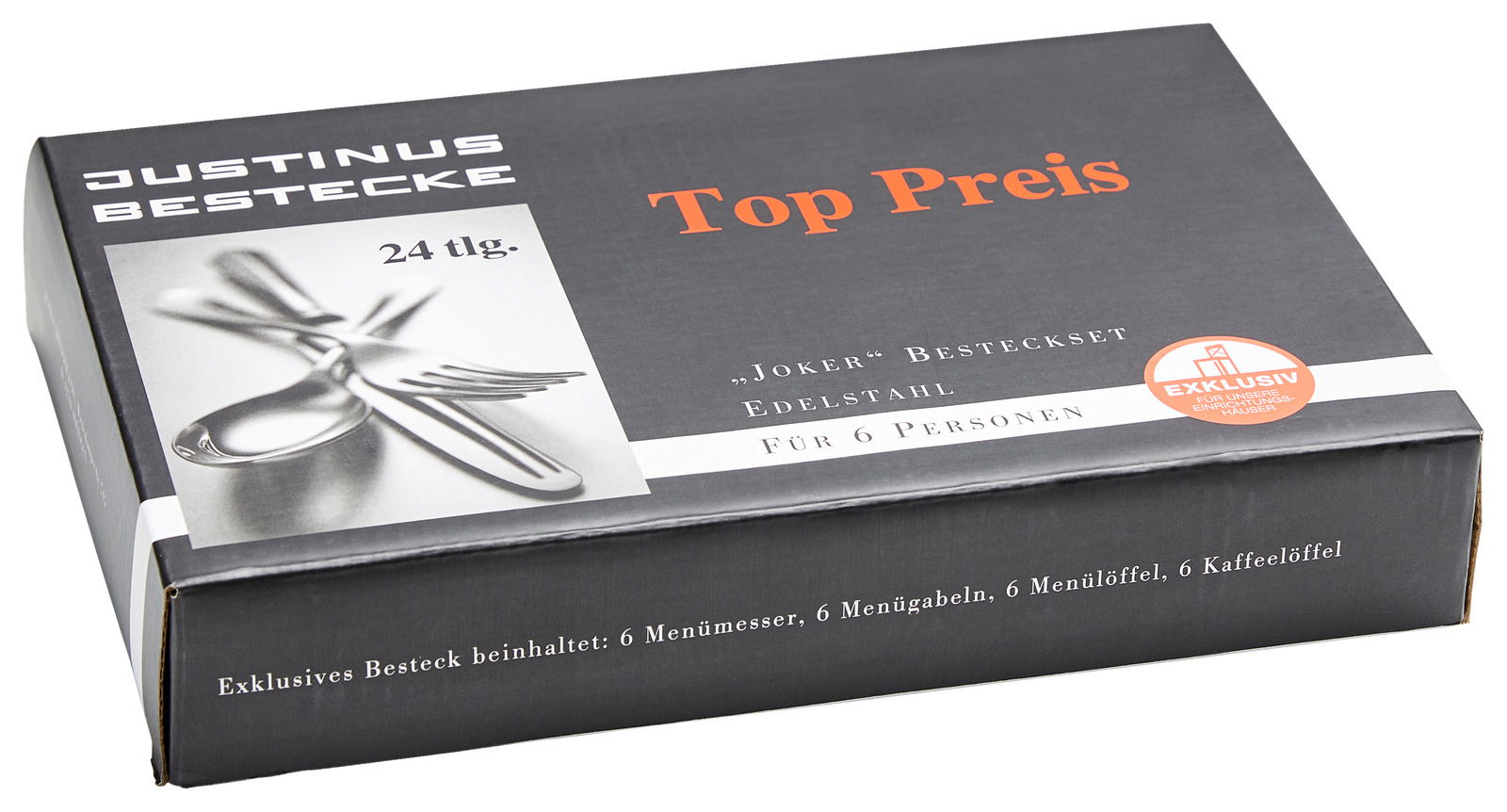 Verpackung des 24-teiligen 'Joker' Bestecksets aus Edelstahl für 6 Personen, schräg von oben fotografiert