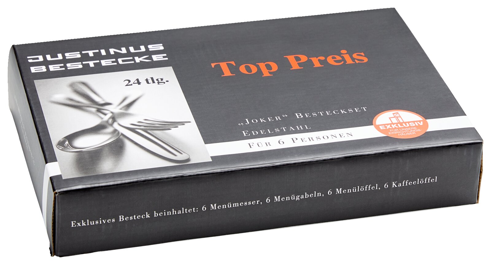 Verpackung des 24-teiligen 'Joker' Bestecksets aus Edelstahl für 6 Personen, schräg von oben fotografiert