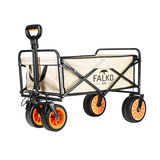 Elektrischer Bollerwagen Falko von der Seite mit orangefarbenen Rädern und schwarzem Gestell.