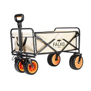 Elektrischer Bollerwagen Falko von der Seite mit orangefarbenen Rädern und schwarzem Gestell.