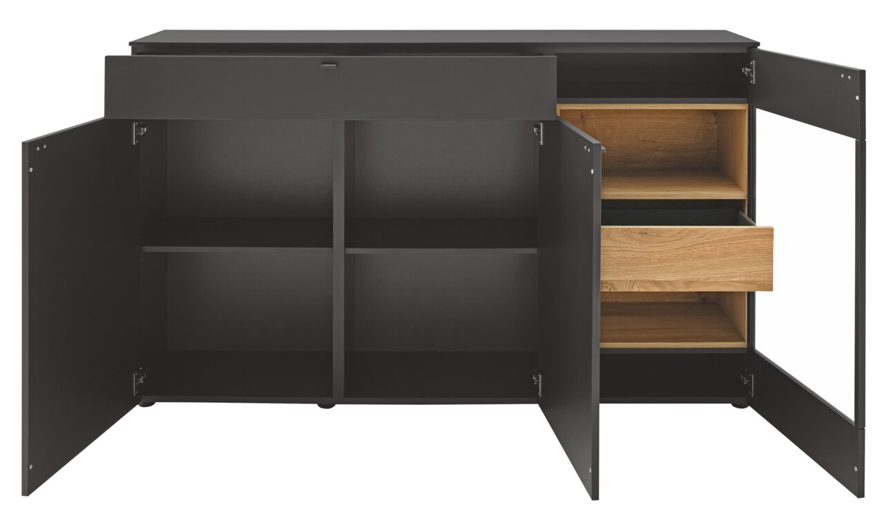 Geöffnetes Sideboard Venjakob LUMEA in dunklem Design mit zwei Türen und Schubladen, Frontalansicht
