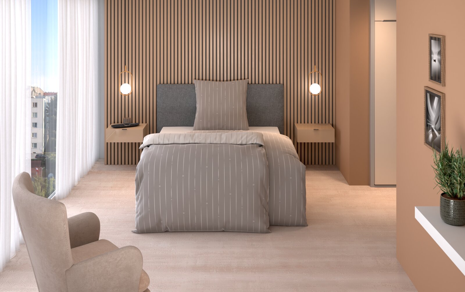 Dieter Knoll Satin Wendebettwäsche 135/200cm Modernes Schlafzimmer mit Wendebettwäsche in Grau mit feinen Streifen, frontal aufgenommen. Das Bett ist zentral im Raum platziert, umgeben von minimalistischen Nachttischen und stilvollen Wandleuchten.