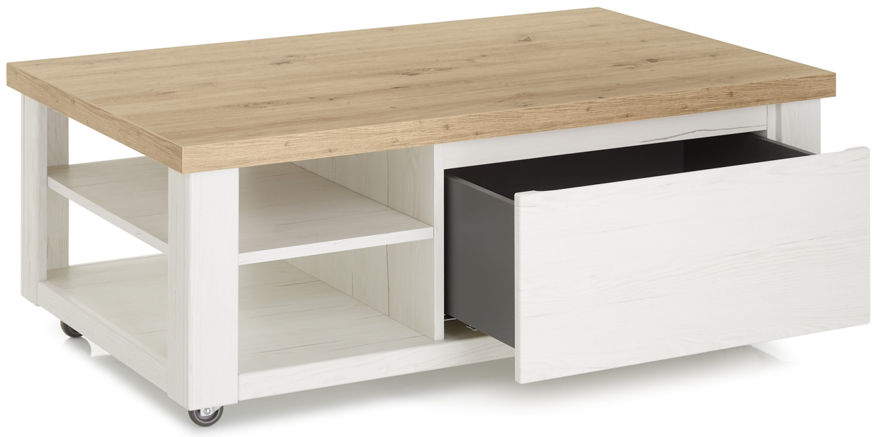 Moderner Couchtisch mit Holzoptik, weißen Regalfächern und einer offenen Schublade, seitliche Perspektive.