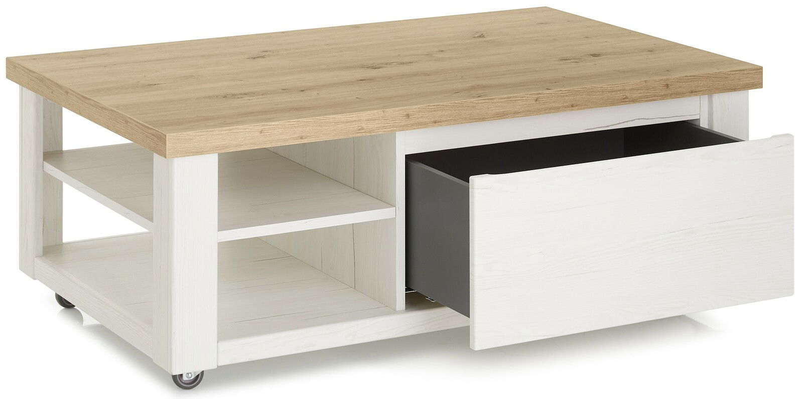 Set one by Musterring Couchtisch SET ONE YORK Moderner Couchtisch mit Holzoptik, weißen Regalfächern und einer offenen Schublade, seitliche Perspektive.