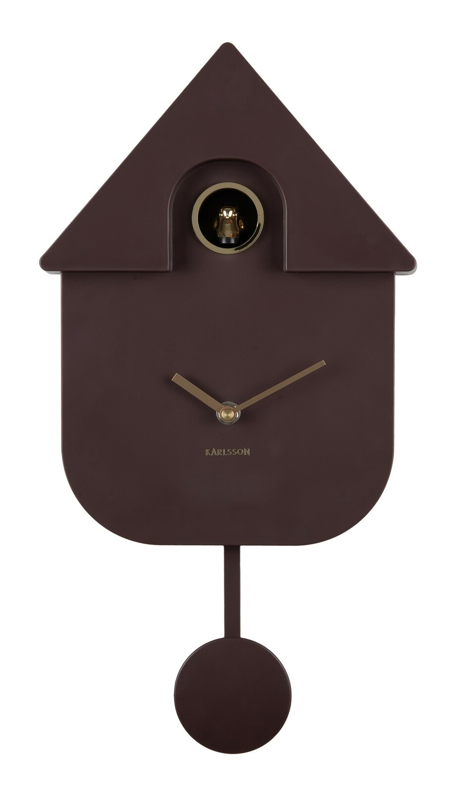 Moderne Wanduhr in Form eines Kuckucks mit braunem Gehäuse und goldenen Zeigern, frontal abgebildet.