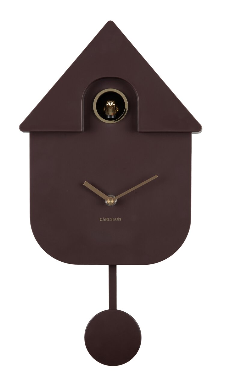 Moderne Wanduhr in Form eines Kuckucks mit braunem Gehäuse und goldenen Zeigern, frontal abgebildet.