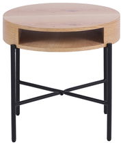 Runder Beistelltisch aus Holz mit schwarzem Metallgestell, Frontalansicht