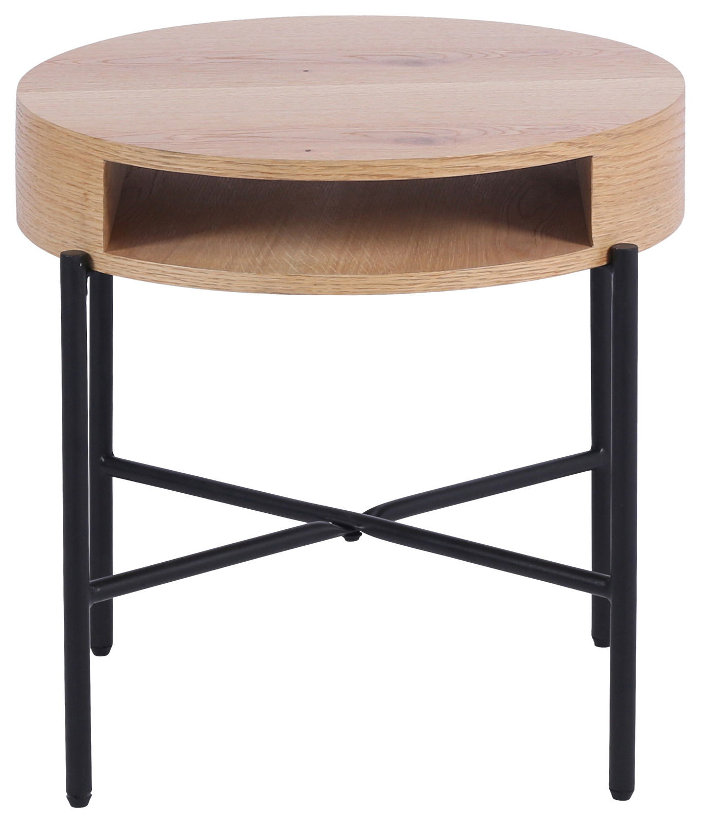 Runder Beistelltisch aus Holz mit schwarzem Metallgestell, Frontalansicht