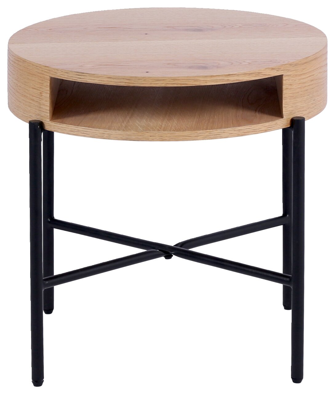 Runder Beistelltisch aus Holz mit schwarzem Metallgestell, Frontalansicht