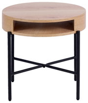 Runder Beistelltisch aus Holz mit schwarzem Metallgestell, Frontalansicht