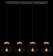 Moderne Hängeleuchte mit vier schwarzen, kugelförmigen Lampenschirmen aus Netzmaterial und Holzakzenten, frontal betrachtet.