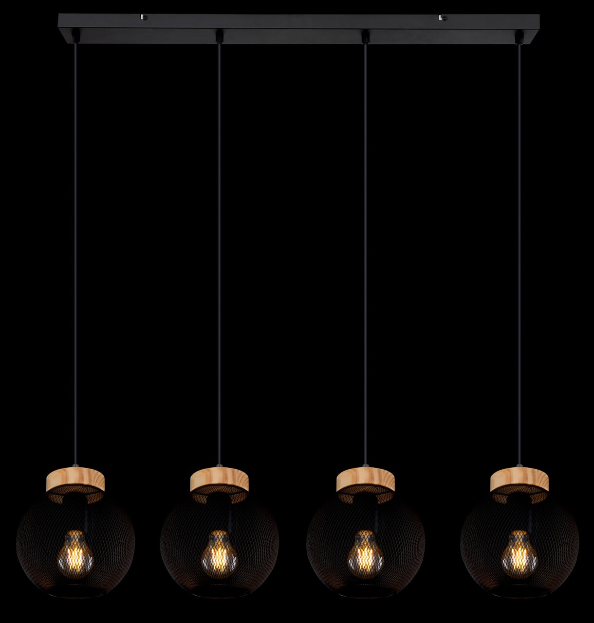 Moderne Hängeleuchte mit vier schwarzen, kugelförmigen Lampenschirmen aus Netzmaterial und Holzakzenten, frontal betrachtet.