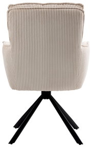 Rückansicht eines beigen Sessels mit geripptem Stoffbezug und schwarzen Metallbeinen.