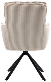 Rückansicht eines beigen Sessels mit geripptem Stoffbezug und schwarzen Metallbeinen.