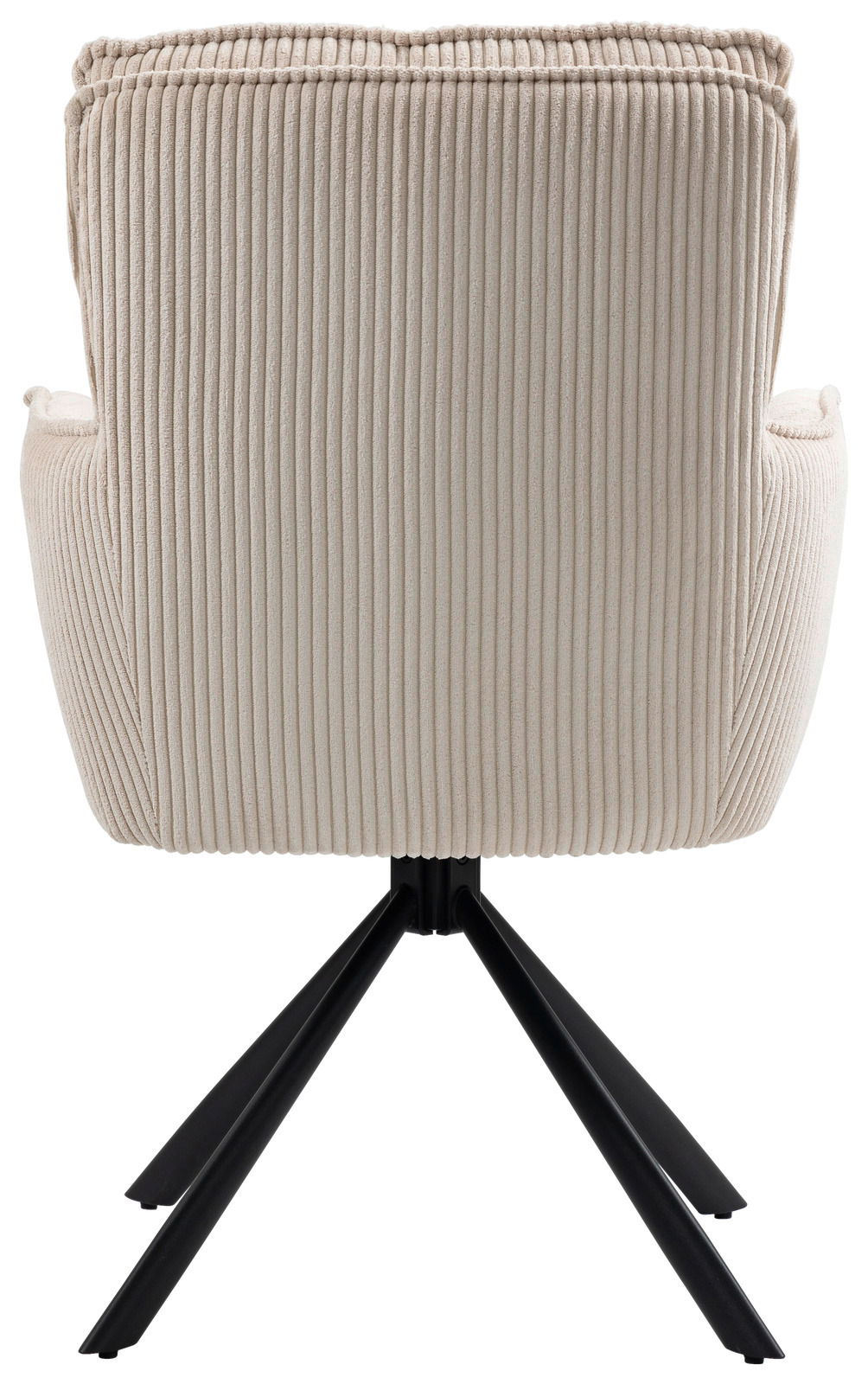 Rückansicht eines beigen Sessels mit geripptem Stoffbezug und schwarzen Metallbeinen.
