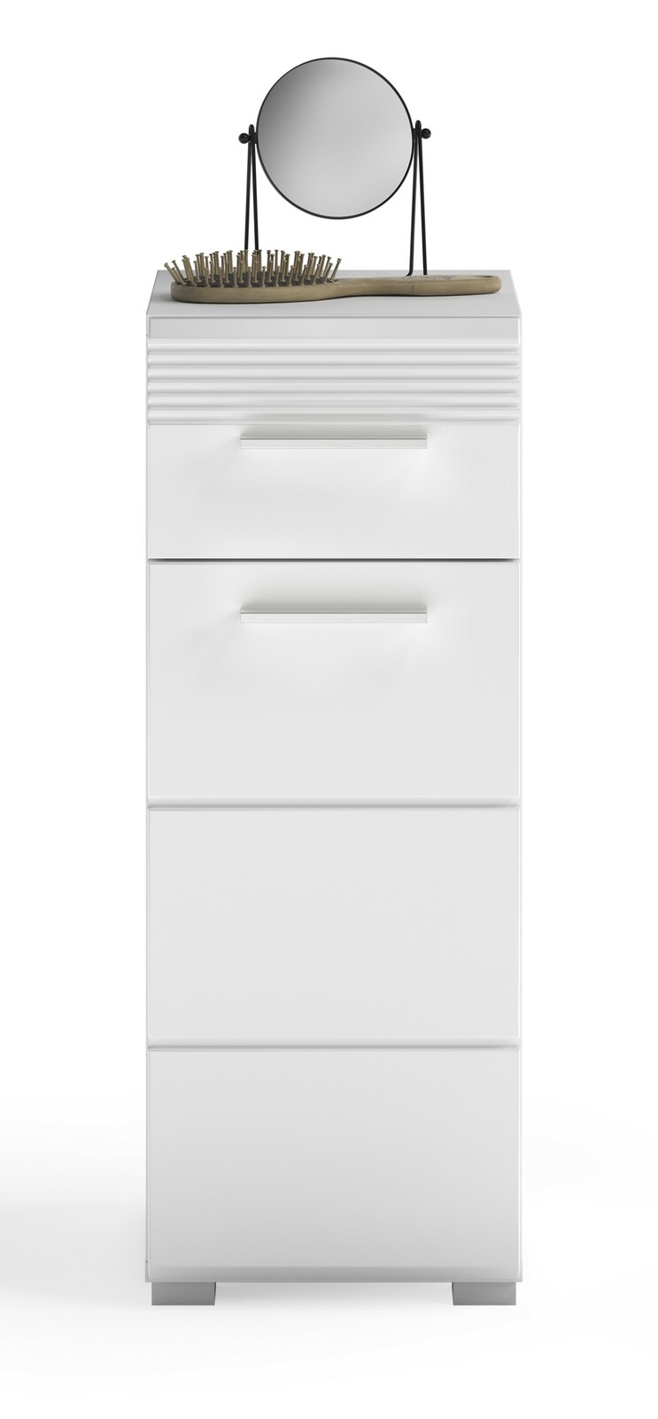 Weiße Badkombination mit drei Schubladen, einem runden Spiegel und einer Haarbürste auf der Oberseite, frontal betrachtet.