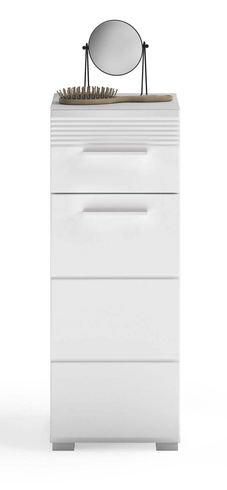 Weiße Badkombination mit drei Schubladen, einem runden Spiegel und einer Haarbürste auf der Oberseite, frontal betrachtet.