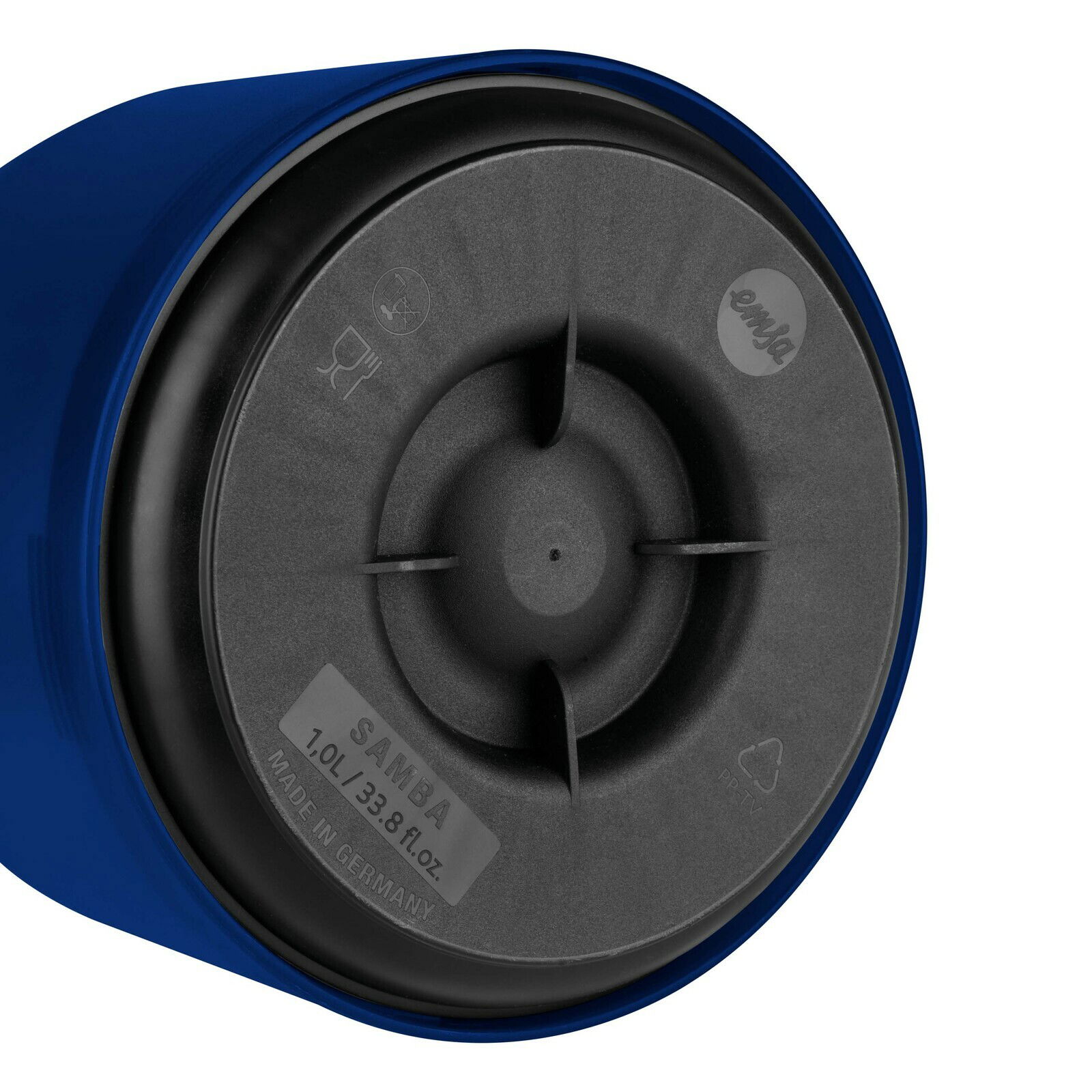 Bodenansicht der blauen Emsa Isolierkanne SAMBA mit 1,0 Liter Fassungsvermögen, hergestellt in Deutschland.