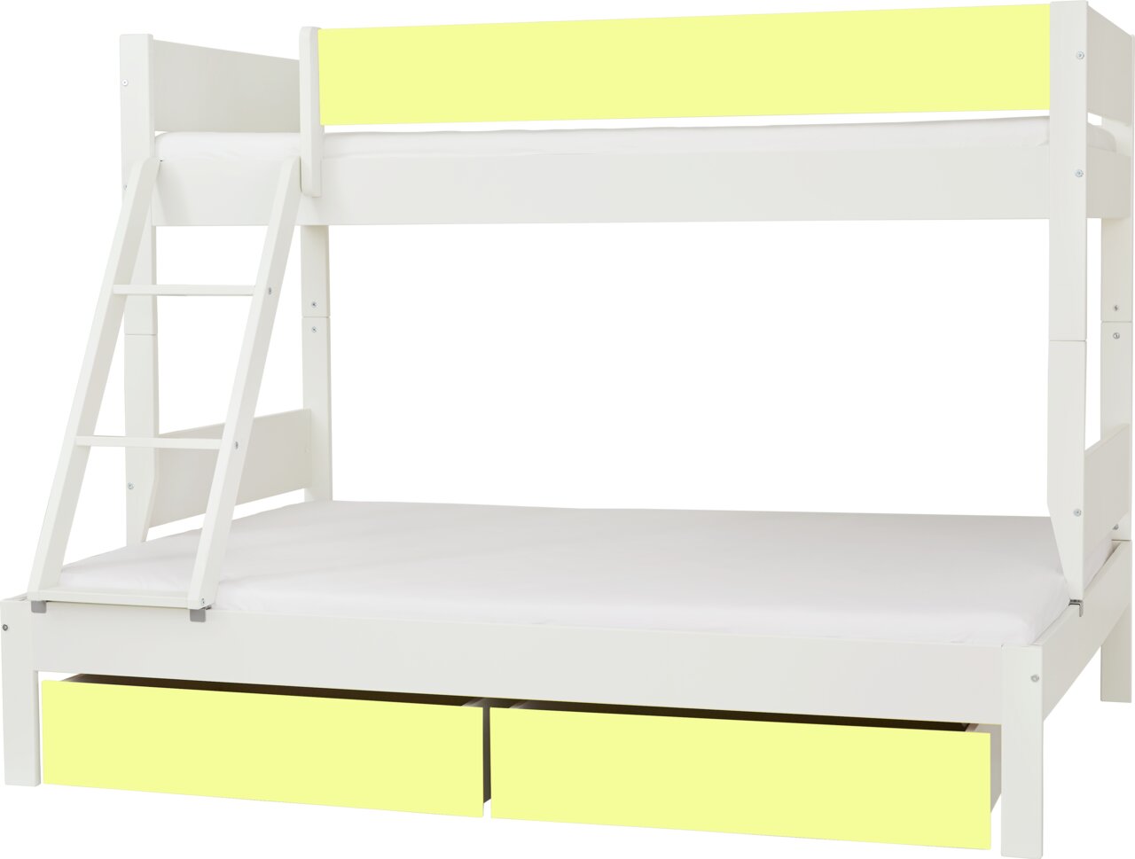 Etagenbett mit Absturzsicherung und Leiter, seitliche Perspektive