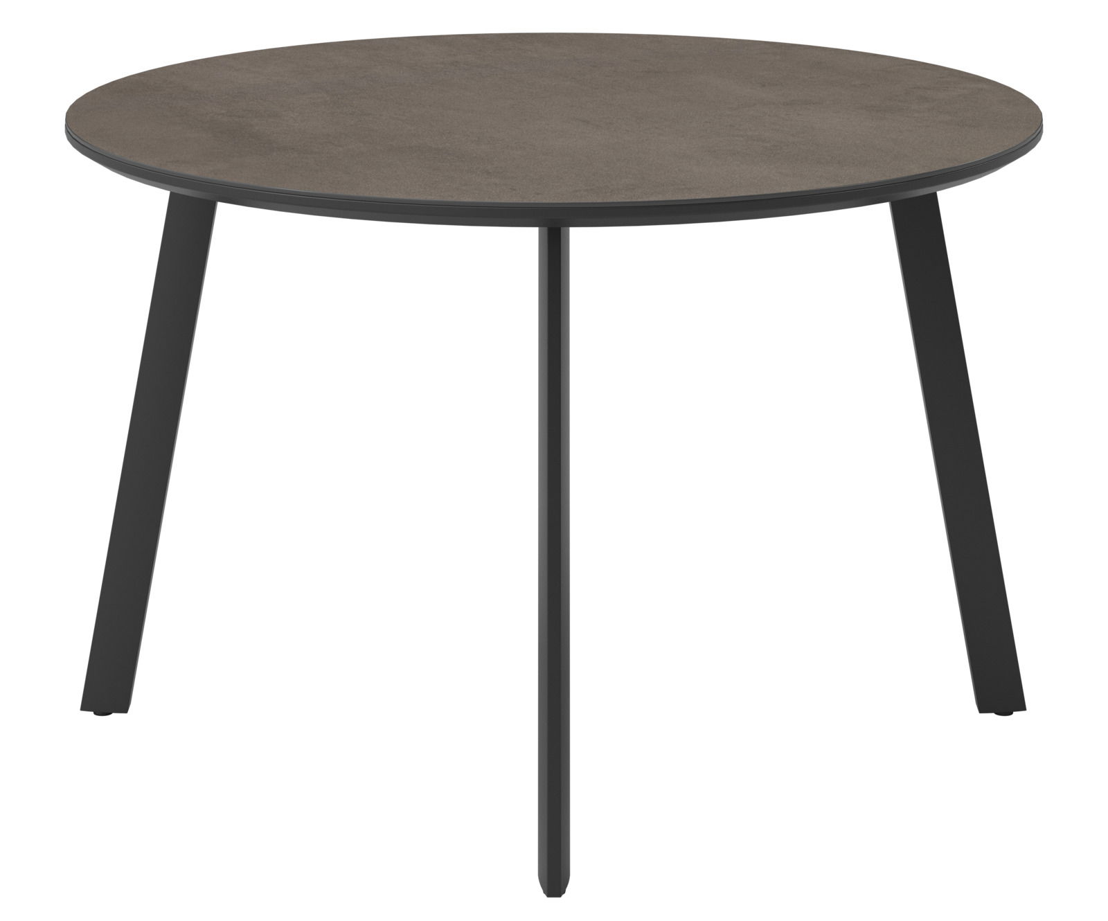 Runder Gartentisch mit dunkler Tischplatte und schwarzen Beinen, seitliche Perspektive