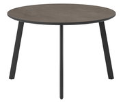 Runder Gartentisch mit dunkler Tischplatte und schwarzen Beinen, seitliche Perspektive