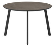 Runder Gartentisch mit dunkler Tischplatte und schwarzen Beinen, seitliche Perspektive