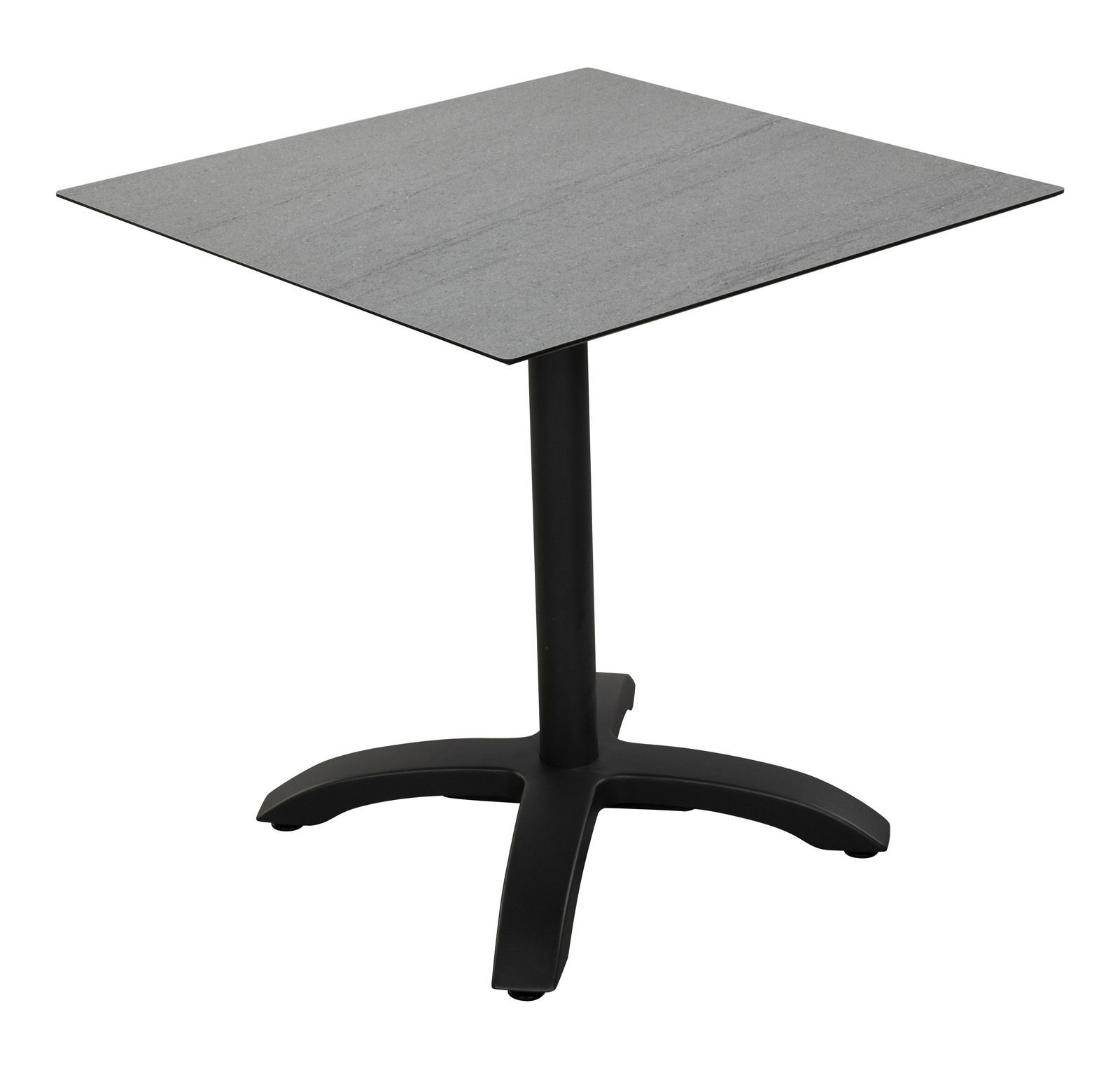 Moderner quadratischer Gartentisch mit schwarzer Tischplatte und stabilem Mittelfuß, seitliche Perspektive