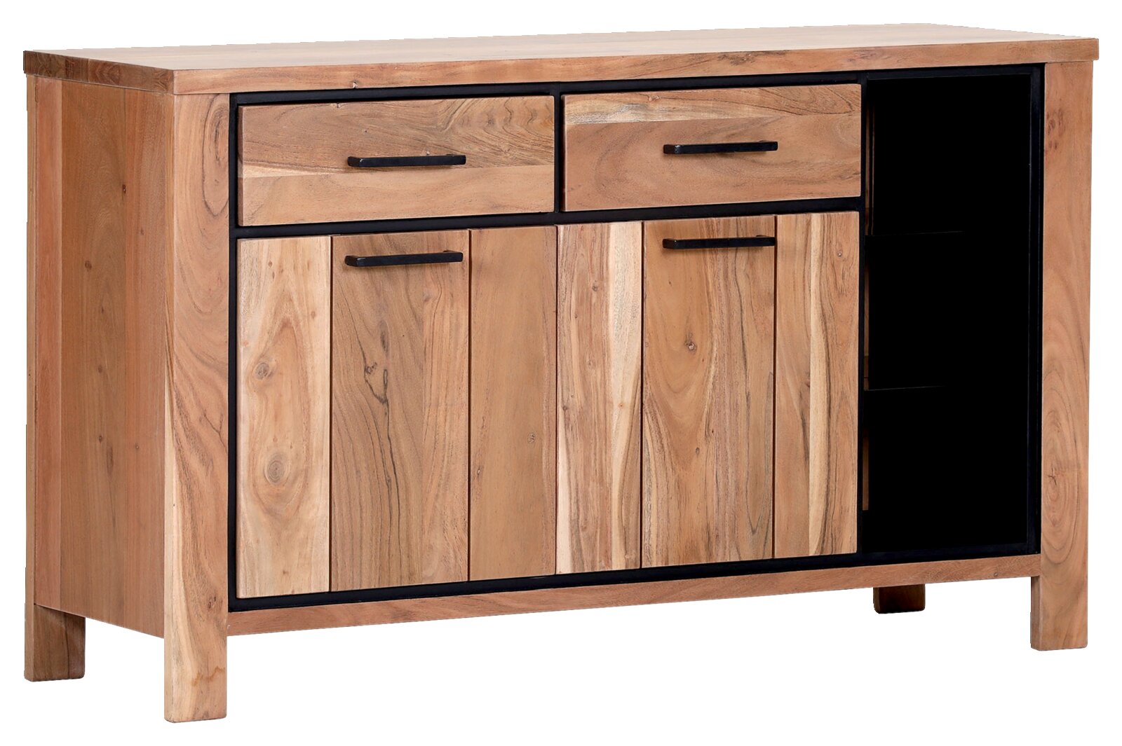 Holz-Sideboard mit zwei Schubladen und zwei Türen, seitliche Regalfächer, Frontansicht