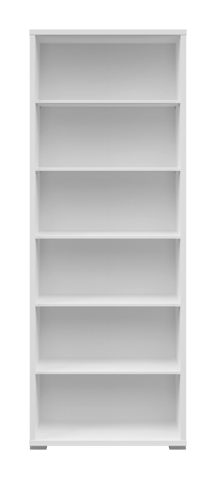 Weißes Aktenregal mit sechs offenen Fächern, frontal betrachtet.