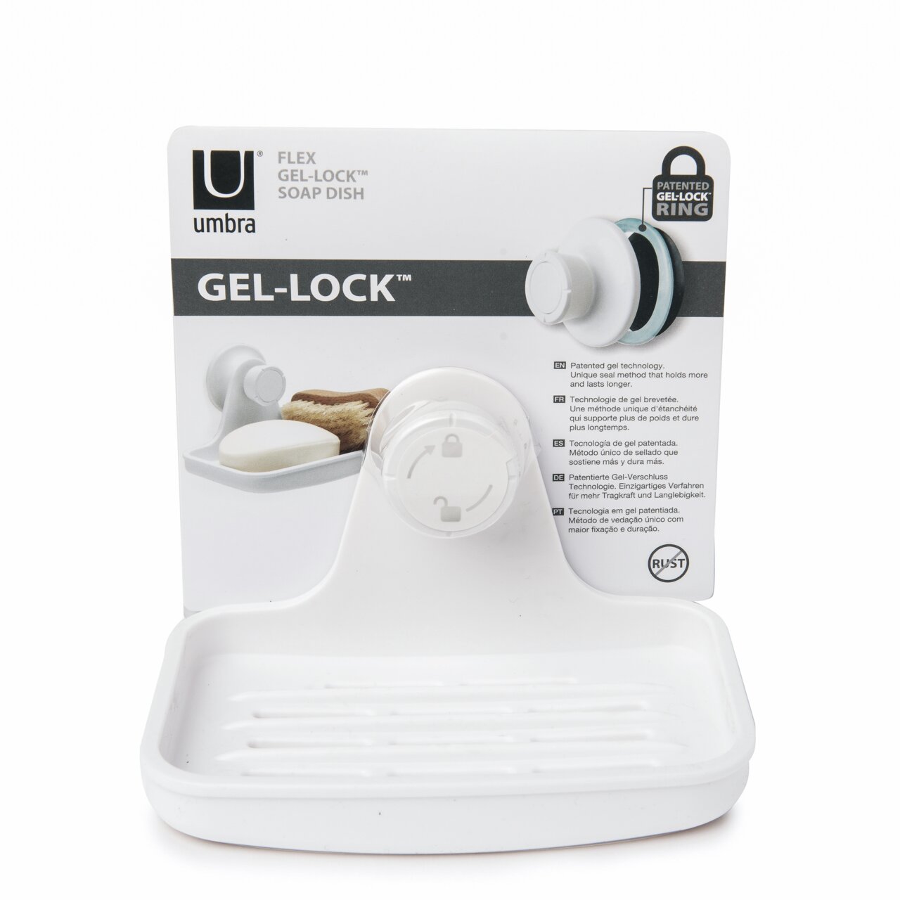 Weiße Seifenschale mit patentierter Gel-Lock-Technologie, Vorderansicht