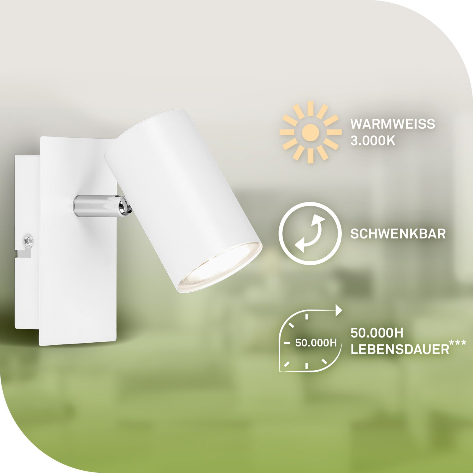 Witte zwenkbare LED-wandspot met warmwit licht van 3000 K en een levensduur van 50.000 uur, schuin van voren afgebeeld
