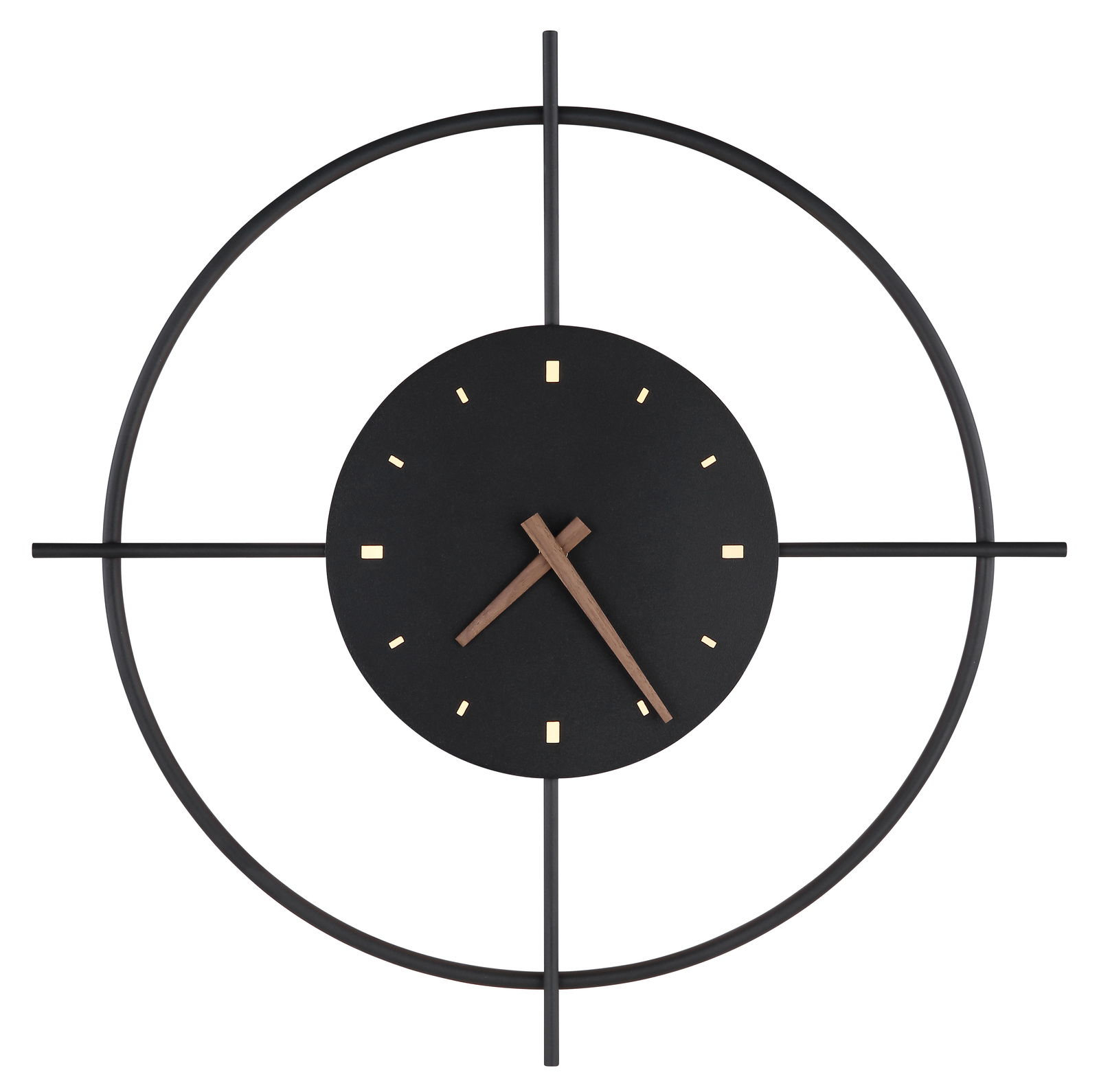 Moderne Wanduhr mit schwarzem Zifferblatt und minimalistischen Zeigern, frontal abgebildet.