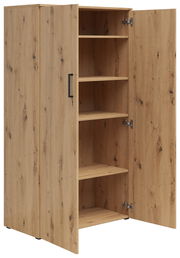 Mehrzweckschrank aus Holz mit geöffneter Tür, zeigt mehrere Regalböden, Perspektive von vorne links