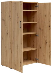 Mehrzweckschrank aus Holz mit geöffneter Tür, zeigt mehrere Regalböden, Perspektive von vorne links