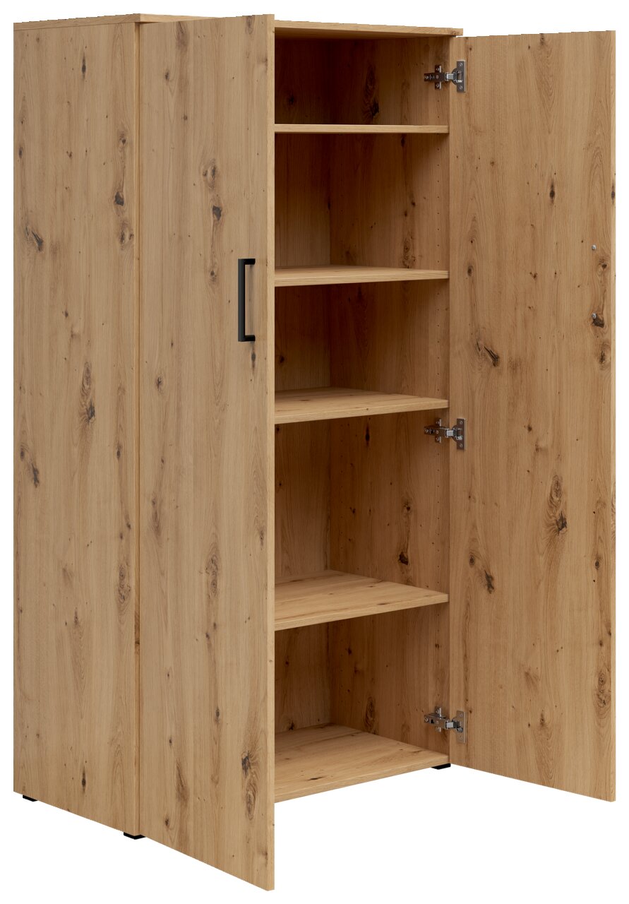 Mehrzweckschrank aus Holz mit geöffneter Tür, zeigt mehrere Regalböden, Perspektive von vorne links