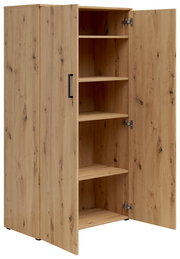Mehrzweckschrank aus Holz mit geöffneter Tür, zeigt mehrere Regalböden, Perspektive von vorne links