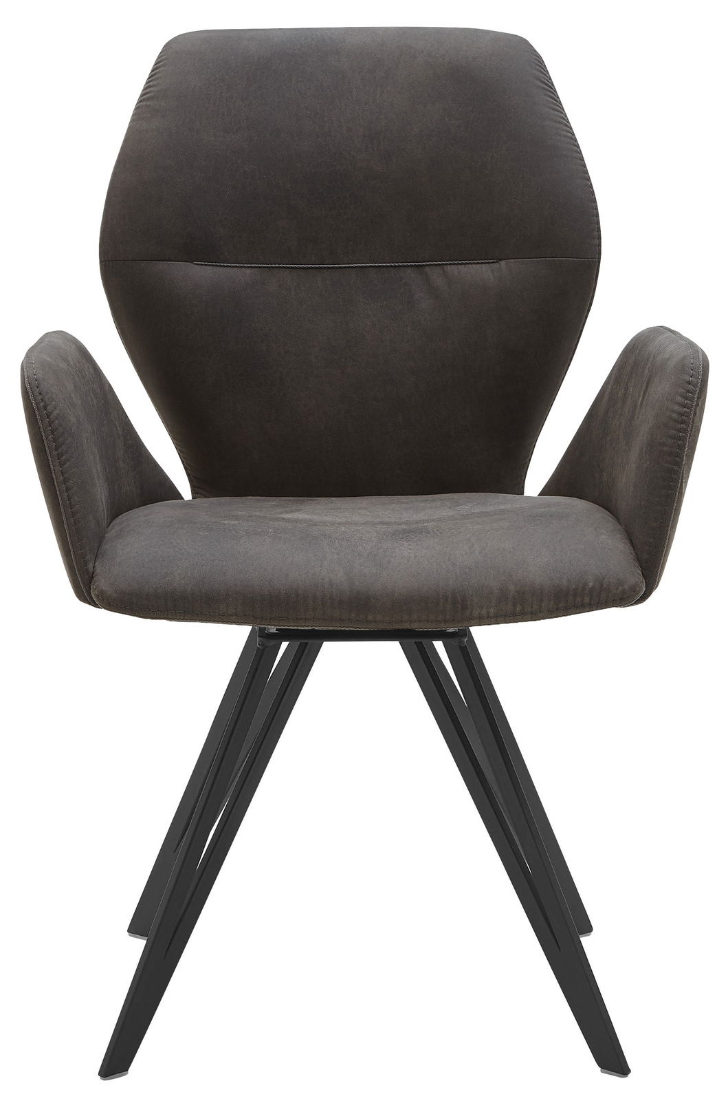 Moderner Armlehnenstuhl in dunklem Stoffbezug mit schwarzem Metallgestell, Frontalansicht.