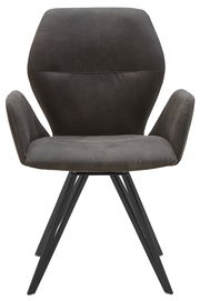 Moderner Armlehnenstuhl in dunklem Stoffbezug mit schwarzem Metallgestell, Frontalansicht.