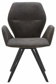 Moderner Armlehnenstuhl in dunklem Stoffbezug mit schwarzem Metallgestell, Frontalansicht.