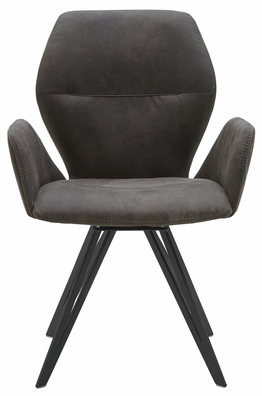 Moderner Armlehnenstuhl in dunklem Stoffbezug mit schwarzem Metallgestell, Frontalansicht.