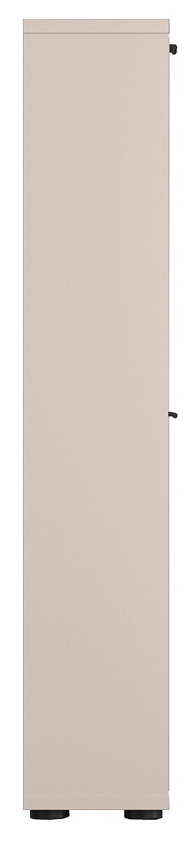 Schmaler, hoher Metallschrank in Beige mit schwarzen Stellfüßen, Seitenansicht von links vor weißem Hintergrund