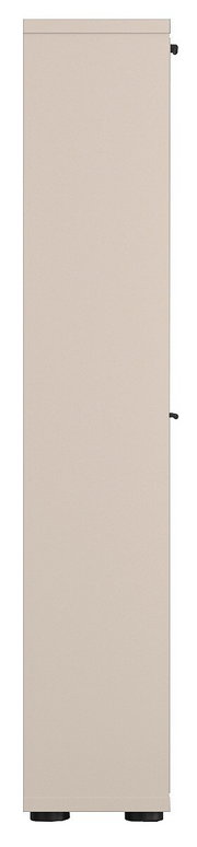 Schmaler, hoher Metallschrank in Beige mit schwarzen Stellfüßen, Seitenansicht von links vor weißem Hintergrund