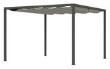 Seitliche Ansicht einer modernen Pergola mit Faltdach in neutralen Farben.