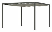 Seitliche Ansicht einer modernen Pergola mit Faltdach in neutralen Farben.