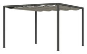 Seitliche Ansicht einer modernen Pergola mit Faltdach in neutralen Farben.