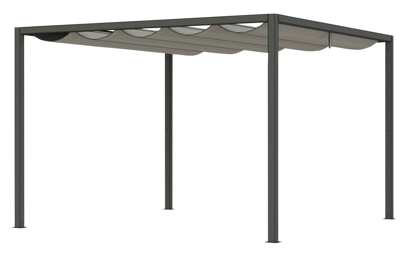 Seitliche Ansicht einer modernen Pergola mit Faltdach in neutralen Farben.