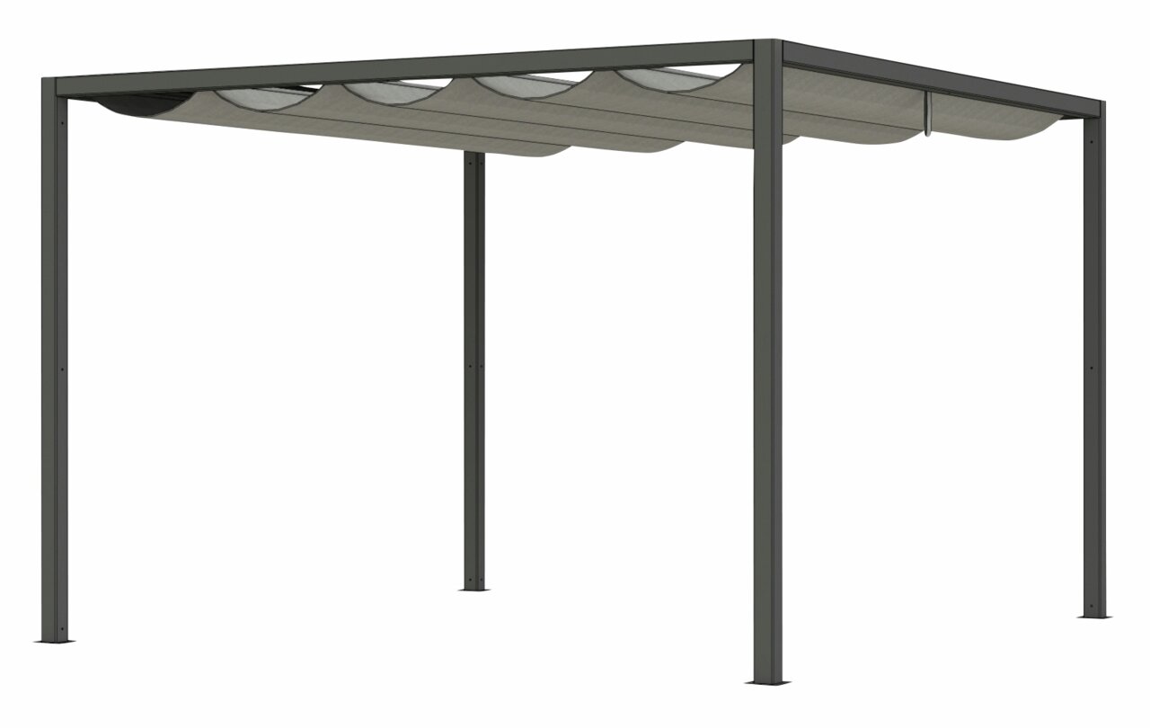 Zijaanzicht van een moderne pergola met een vouwdak in neutrale kleuren.
