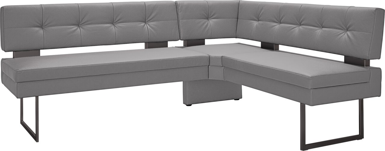 Graue Eckbank mit modernem Design, Polsterung und Metallbeinen, seitliche Perspektive